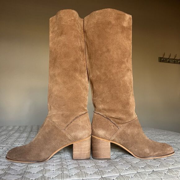 Frye & Co Phoebe Camel Suede Slouch Block Heel Tall Boots Women 11 M Classic - Picture 2 of 16
